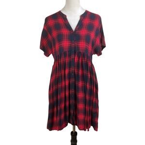 11.1 Tylho S Red Plaid Short Sleeve Button V-Neck Tunic Shirt Dress Pockets